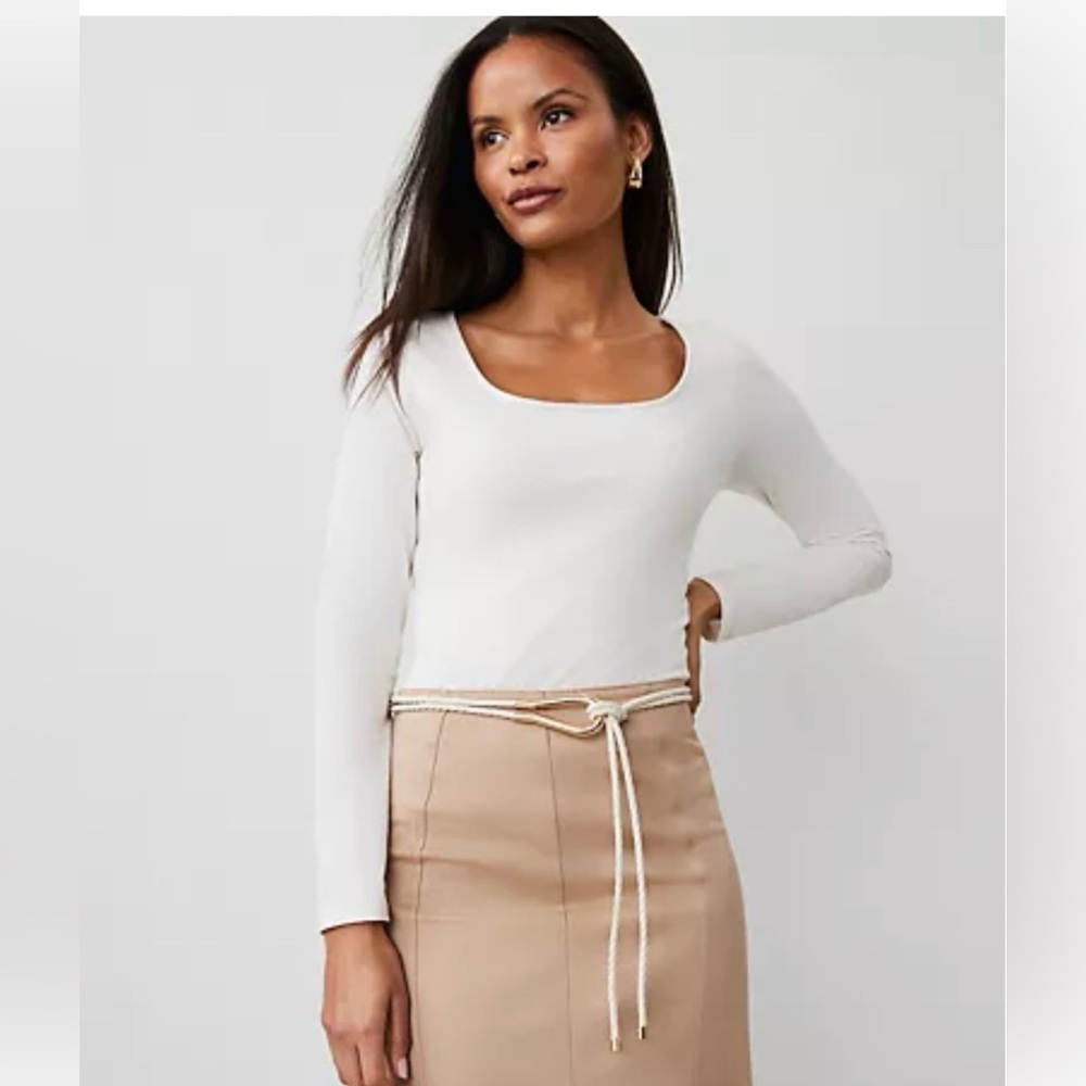 Ann Taylor Square Neck XS Winter White Long Sleeve Top